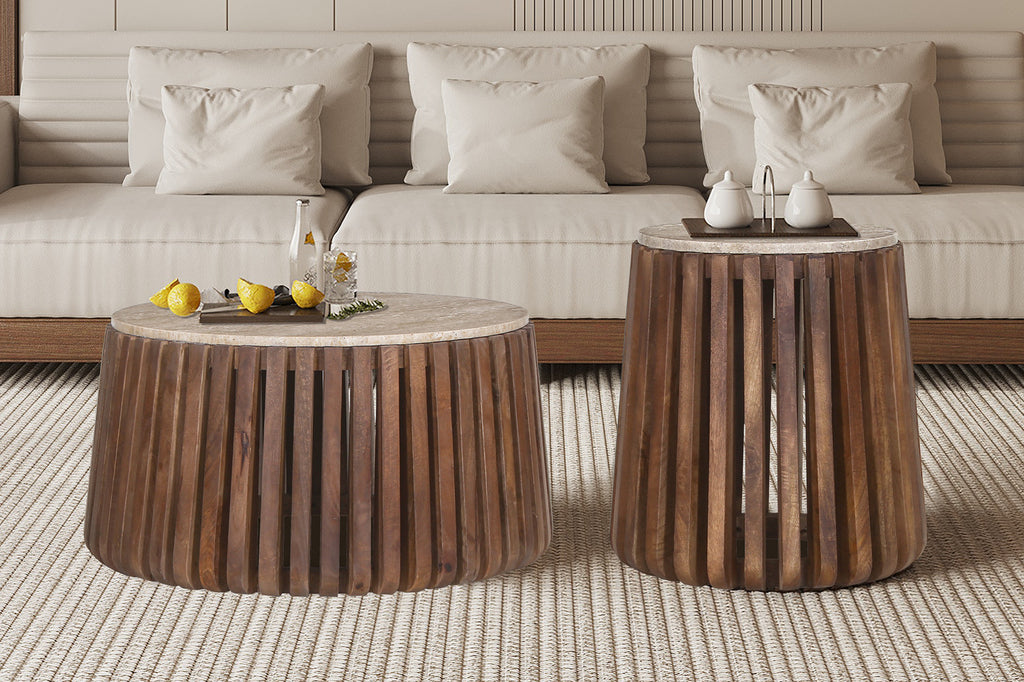 Rousseau Luuk Salontafel – Mango Hout & Travertin – Beige – Ø70 x H40 cm